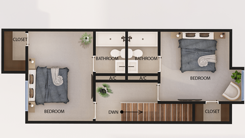 Floor plan for 2 beds, 2.5 baths, 1120 sqft